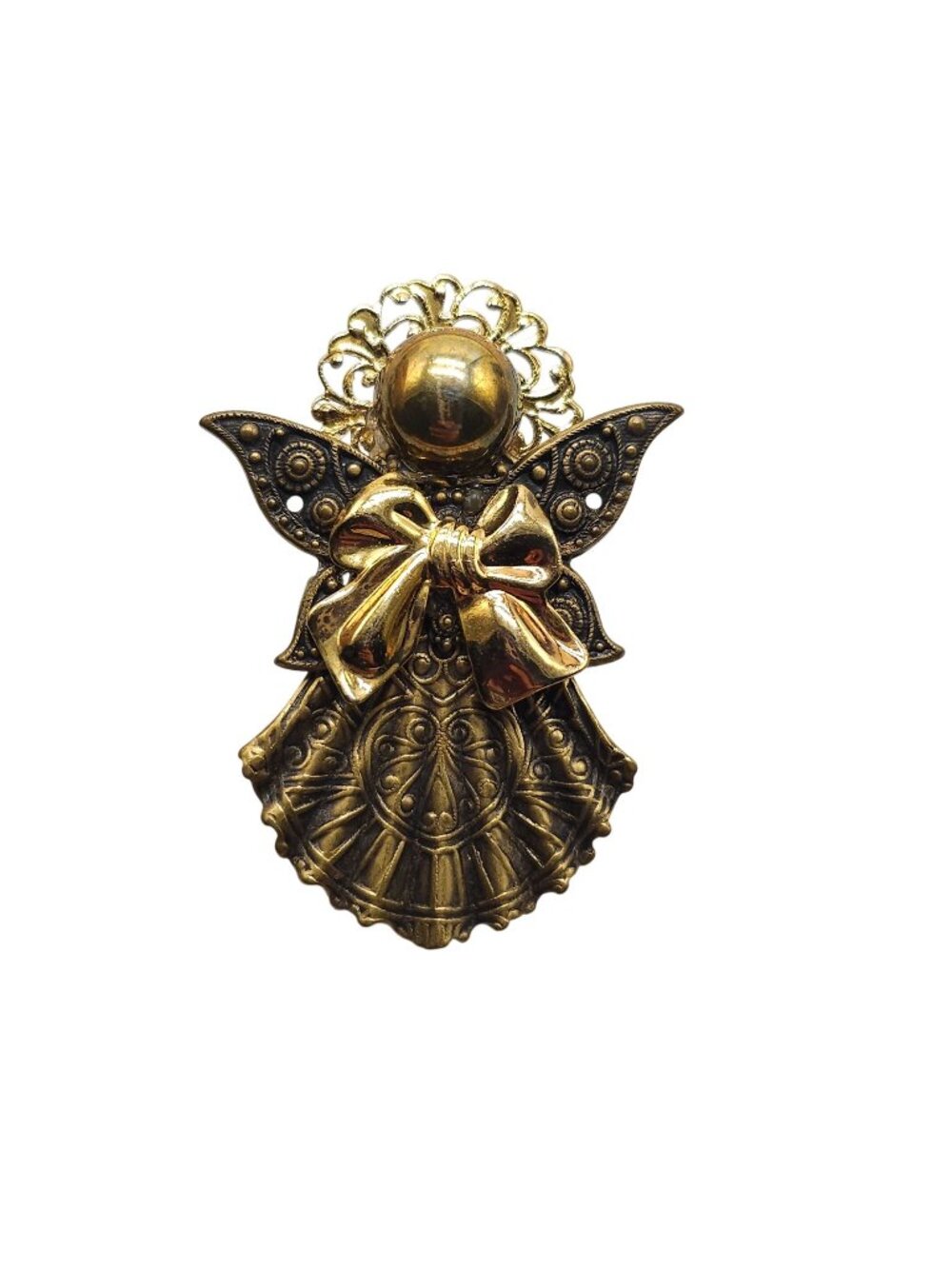 Gold Angel Brooch With Filigree Wings Bow Vintage Charm 2 Inches